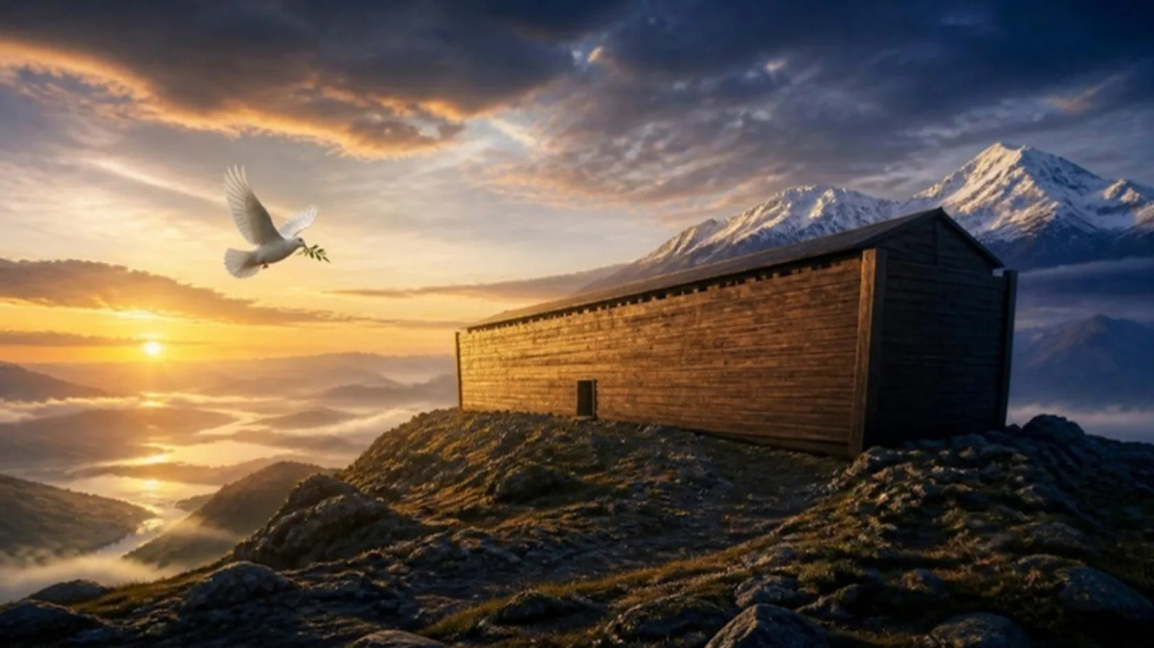 The ark resting on the mountains of Ararat at sunrise, a dove in flight